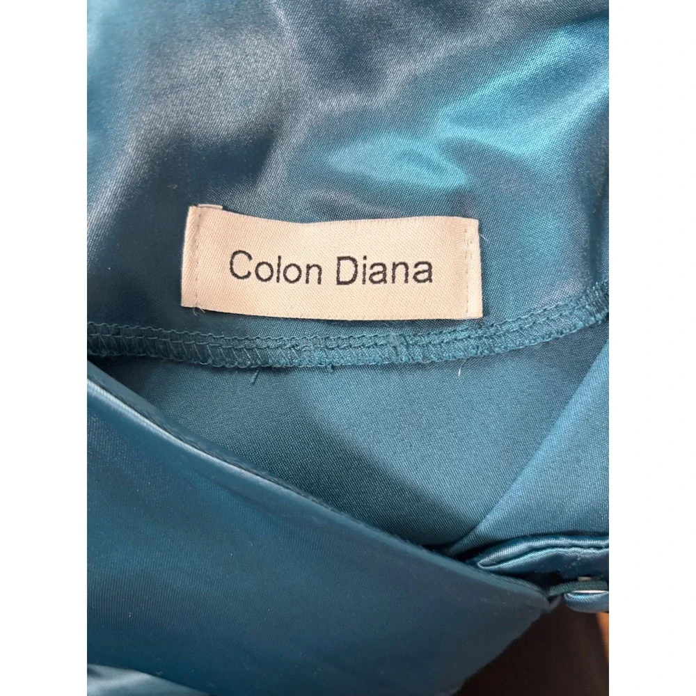 Colon Diana Teal Satin Bishop Sleeve Button Front Midi Dress Womens - Picture 9 of 16